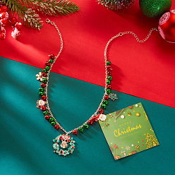 Christmas Wreath Ожерелья-нагрудники с подвеской из сплава, страз и эмали на рождественскую тематику, золотые, красный белый и зеленый, Рождественский венок, 18.90 дюйм (48 см), Кулон : 38 мм