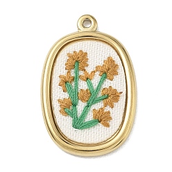 Сэнди Коричневый 304 Подвески из нержавеющей стали и ткани, овальные вышитые цветочные подвески, золотые, песчаный коричневый, 27.5x18x2.5 мм, отверстие : 1.5 мм