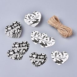 Черный Бумажные подарочные бирки, бирки, с джутовым шпагатом, на свадьбу / день святого валентина / день благодарения, сердце с цветочным узором и словом ручной работы, черные и белые, 39.5x45x0.5 мм, отверстие : 3.7 мм, 50 шт / комплект