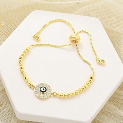 Черный Латунные браслеты-слайдеры с микропаве из кубического циркония для женщин, браслет в стиле бохо с эмалью, плоский круглый браслет в стиле бохо с дурным глазом, чёрные, 8-1/2 дюйм (21.5 см)