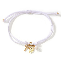Белый Браслеты ручной работы из регулируемого латунного шнура с подвесками, крест с девственной мари, золотые, белые, 11.02 дюйм (28 см)