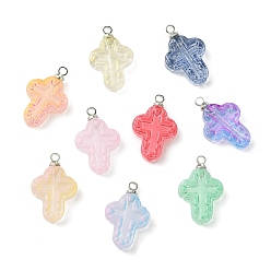 (52) Непрозрачная лаванда Подвески из стекла, окрашенные аэрозольной краской, крест очарование, с платиновыми латунными чашеобразными дужками, разноцветные, 18x11.5x3.5 мм, отверстие : 1.6 мм