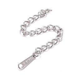 Stainless Steel Color Tarnish Resistant 304 Stainless Steel Chain Extender, Curb Chain, with 202 Stainless Steel Chain Tabs, Teardrop with Word, Stainless Steel Color, 67mm, Link: 3.7x3x0.5mm, Chain Tabs: 10x2.5x0.5mm