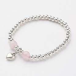Розовый Кварц Тибетский стиль сплава шарм браслеты, с натуральным розовым кварцем бисера, 2-1/4 дюйм (55 мм)