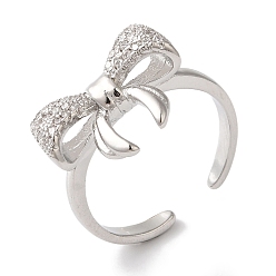 Платина Открытые манжеты из латуни с бантом и микро-паве с прозрачным цирконием для женщин, платина, бант : 11x17.5 мм, регулируемый