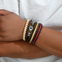 (52) Непрозрачная лаванда 4 шт. 4 стили мужских плетеных браслетов из искусственной кожи и деревянных бусин, набор эластичных браслетов, с цинкового сплава, разноцветные, внутренний диаметр: 2-3/8 дюйм (6 см) ~ 2-3/4 дюйм (7 см), 4 стили, 1 шт / стиль, 4 шт / комплект