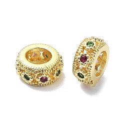 Настоящее золото 18K Покрытие стойки латунь микропаве прозрачные кубические циркониевые бусины, долговечный, без свинца и без кадмия, плоско-круглые, реальный 18 k позолоченный, 7.5x4 мм, отверстие : 4 мм