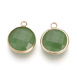 Средний Морско-зеленый Стеклянные подвески, с латунной фурнитурой , граненые, плоско-круглые, средний морской зеленый, 9.5x6.5x2.5 мм, отверстие : 2 мм