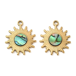 Настоящее золото 18K 304 подвески из натуральной ракушки пауа из нержавеющей стали, солнечные чары, ионное покрытие (ip), реальный 18 k позолоченный, 18.5x16x2.5 мм, отверстие : 1.5 мм