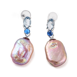 Платина Серьги-гвоздики овальной формы из стерлингового серебра 925 с родиевым покрытием, женские серьги с подвесками из жемчуга и фианитов, платина, 26x10.5 мм