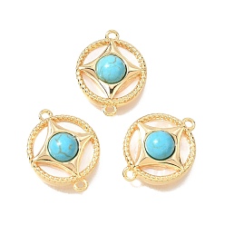 Настоящее золото 18K Синтетическая бирюза и натуральная раковина, латунные плоские круглые соединительные подвески, реальный 18 k позолоченный, 19x15x5.5~6 мм, отверстие : 1.2 мм
