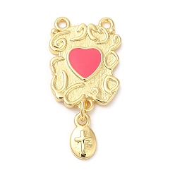 Темно-Розовый Латунь эмаль подвески, реальный 18 k позолоченный, без кадмия и без свинца, долговечный, прямоугольник с подвесками в виде сердечек, темно-розовыми, 32x15x2 мм, отверстия : 1.5 mm и 1.6 мм