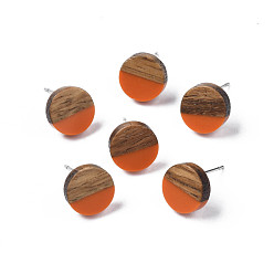 Темно-Оранжевый Серьги-гвоздики из непрозрачной смолы и орехового дерева, с 316 штифтов из нержавеющей стали, плоско-круглые, темно-оранжевый, 10 мм, штифты : 0.7 мм