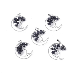 Синий Драгоценный Камень Синтетический синий голдстоуновские большие кулоны, с латунной фурнитурой платинового цвета, луна с деревом, 50~53x41~43x8~10 мм, отверстие : 7x5 мм