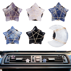 Смешанные камни 6шт. клипсы для воздуховодов автомобиля с натуральным драгоценным камнем в форме луны и звезды, внутренняя отделка автомобиля, с магнитным ферромарганцевым железом и пластиковым зажимом, 50 мм, 6 шт / комплект