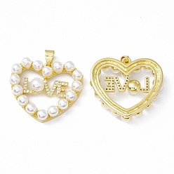 Real 18K Gold Plated Rack Plating Brass Micro Pave Clear Cubic Zirconia Charms, with Acrylic Bead, Long-Lasting Plated, Cadmium Free & Lead Free, Heart with Word Love, Real 18K Gold Plated, 24.5x27x6mm, Hole: 4x3mm