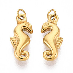 Настоящее золото 18K 304 подвески из нержавеющей стали, с целью перехода в кольце, очарование морского конька, ионное покрытие (ip), реальный 18 k позолоченный, 17x7x3 мм, отверстие : 2.5 мм