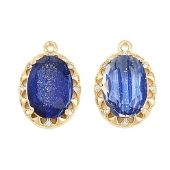 Medium Blue Brass Glass Pendants, Oval Charms, Faceted, with Glitter Powder, Golden, Medium Blue, 20x14x5.5mm, Hole: 1.4mm