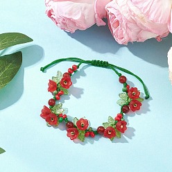 Roja Pulseras de flores acrílicas, cuentas de semillas Miyuki y cornalina natural, Pulseras trenzadas con cordón de nailon ajustable para mujer., rojo, diámetro interior: 1-5/8 pulgada (4 cm) ~ 3-1/8 pulgada (8 cm)