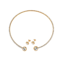 Золотой Круглые пластиковые серьги-гвоздики с имитацией жемчуга и комплекты колье-чокеров с кубическим цирконием и стразами, 304 комплект украшений из нержавеющей стали для женщин, золотые, внутренний диаметр: 4.43 дюйм (112.5 мм)