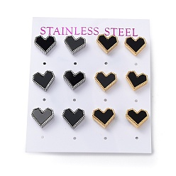 Black 6 Pair 2 Color Heart Acrylic Stud Earrings, Golden & Stainless Steel Color 304 Stainless Steel Earrings, Black, 10x11mm, 3 Pair/color