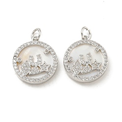 Платинированный Латунные микропаве прозрачные подвески с фианитом, без кадмия, без никеля и без свинца, с оболочкой и кольцами для прыжков, плоский круглый с ангельскими подвесками, Реальная платина, 18x16x2.5~3.5 мм, отверстие : 3 мм