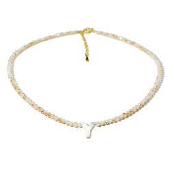 Letter Y Natural White Shell Letter Faceted Glass Beaded Necklaces with 304 Stainless Steel End Chains, Real 18K Gold Plated, Floral White, Letter Y, 14.96 inch(38cm)
