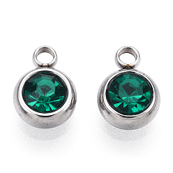 Emerald 201 Stainless Steel Rhinestone Charms, March Birthstone Charms, Flat Round, Stainless Steel Color, Emerald, 8.5x6x3mm, Hole: 1.5mm