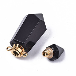 Obsidian Faceted Natural Obsidian Pendants, Openable Perfume Bottle, with Golden Tone Brass Findings, Hexagon, 40~41.5x15x13.5mm, Hole: 1.8mm, Bottle Capacity: 1ml(0.034 fl. oz)
