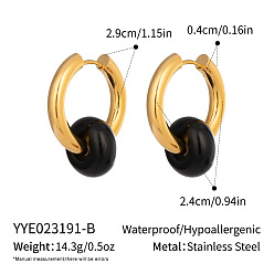 Tiger Eye 304 Stainless Steel Hoop Earrings with Natural Tiger Eye Stone, Huggie Earrings for Women, Real 18K Gold Plated, 29x24mm