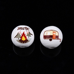 Others Camping Theme Printed Wooden Beads, Round, Mixed Color, Camping Themed Pattern, 15.5~16x3.5mm, Hole: 15mm