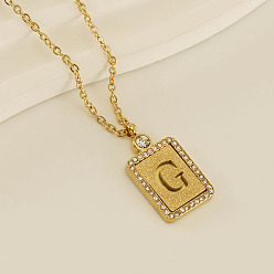 Letter G 304 ожерелья с подвеской в виде прямоугольника из нержавеющей стали с микропаве из прозрачного кубического циркония и полыми буквами, реальный 18 k позолоченный, Буква G, 17.72 дюйм (45 см)