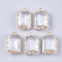 Clear Glass Pendants, with Brass Findings, Faceted, Rectangle, Golden, Clear, 23x14x6.5mm, Hole: 2mm