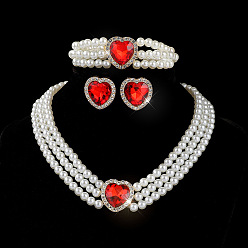 Светло-сиамский Комплекты ожерелий, сережек-гвоздиков и браслетов из стеклянных стразов и пластиковых жемчужин в форме сердца, Light Siam, 340 мм