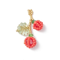 Красный Подвески из стеклянных бусин в виде ягод и листьев, со стеклом и акрилом, красные, 35x22x10 мм, отверстие : 2 мм