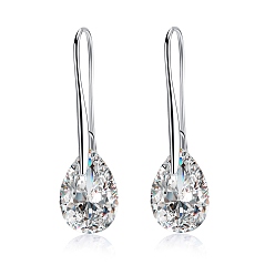 Clear Platinum Tone Stainless Steel Dangle Earrings, with Cubic Zirconia, Clear, 35x10mm