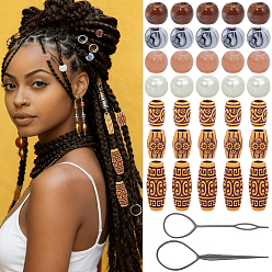 Mixed Color 1Bag Plastic Hair Braiding Tool, Hair Braider Hair Twist Tool Kit and Combs, for Hair Styling Accessories, with Acrylic Beads and Wood Beads, Mixed Color, 147~195mm