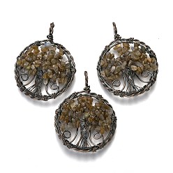 Лабрадорита Природные подвески лабрадорита, с красной медью, плоские круглые с дерева жизни, 64~67.5x50~51x6~7.5 мм, отверстие : 8x5~6.5 мм