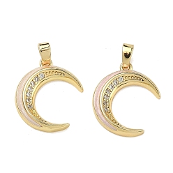 Лавандовый румянец Латунные микропаве прозрачные подвески с фианитом, с эмалью, Луна прелести, стойки покрытие, долговечный, реальный 18 k позолоченный, лавандовый румянец, 18x16x3 мм, отверстие : 4.5x2.5 мм