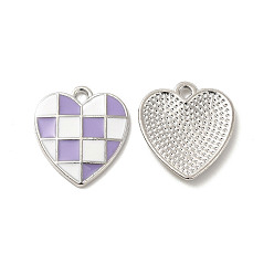 Lilac Alloy Enamel Pendants, Platinum, Heart with Tartan Pattern, Lilac, 17.5x16x2mm, Hole: 1.6mm
