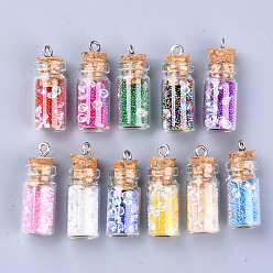 Mixed Color Glass Wishing Bottle Pendant Decorations, with Resin Rhinestone and Glass Micro Beads inside, Cork Stopper and Platinum Iron Screw Eye Pin Peg Bails, Mixed Color, 28~29x11mm, Hole: 2mm