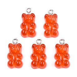 Coral Resin Pendants, with Platinum Tone Iron Loop, Imitation Food, Bear, Coral, 20.5~22.5x11.5x7mm, Hole: 2mm