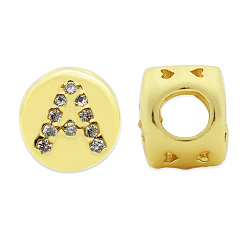 Letter A Brass Micro Pave Clear Cubic Zirconia Beads, Flat Round with Letter, Letter.A, 7.5x6.5mm, Hole: 3.5mm, 3pcs/bag