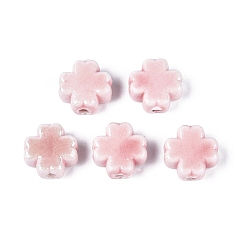 Pink Фарфоровые бусины ручной работы, яркие глазированный фарфор, клевер, розовые, 12~14x12~12.5x5.5~6 мм, отверстие : 1.8~2.2 мм