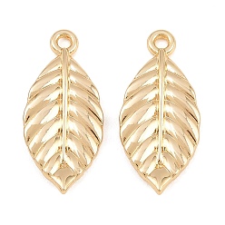 Golden Alloy Pendants, Textured Leaf Charms, Rack Plating, Cadmium Free & Lead Free, Golden, 24.5x11x2.5mm, Hole: 1.6mm