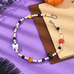 Colorful Halloween Handmade Lampwork Bat Ghost Pumpkin and Round Shell Pearl Beaded Necklaces for Women, with Synthetic Turquoise and Natural Black Onyx(Dyed & Heated) Beads, Stainless Steel Color, Colorful, 16.93 inch(43cm)