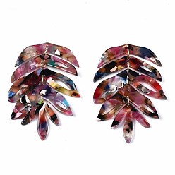 Малиновый Ацетат целлюлозы (смола) большие подвески, с петлями из латуни, покрытой светлым золотом, лист, малиновый, 65x42x2.5 мм, отверстие : 1.2 мм, Перейти кольцо: 6x1 мм, 4.5 мм внутренним диаметром