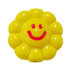 Amarillo Cuentas acrílicas opacas estilo dopamina, flor con sonrisa, amarillo, 23.5x24x11.5 mm, agujero: 3.5 mm