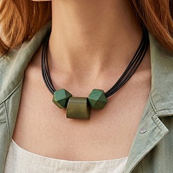 Green Wooden Faceted Round and Trapezoid Beads Pendant Imitation Leather Cord Multi-Strand Necklaces for Women, Platinum, Green, 16.93~18.90 inch(43~48cm)