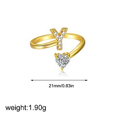 Letter Y Латунные кольца-манжеты с микропаве из прозрачных кубических цирконий, сердце, золотые, Письмо Y, 21 мм